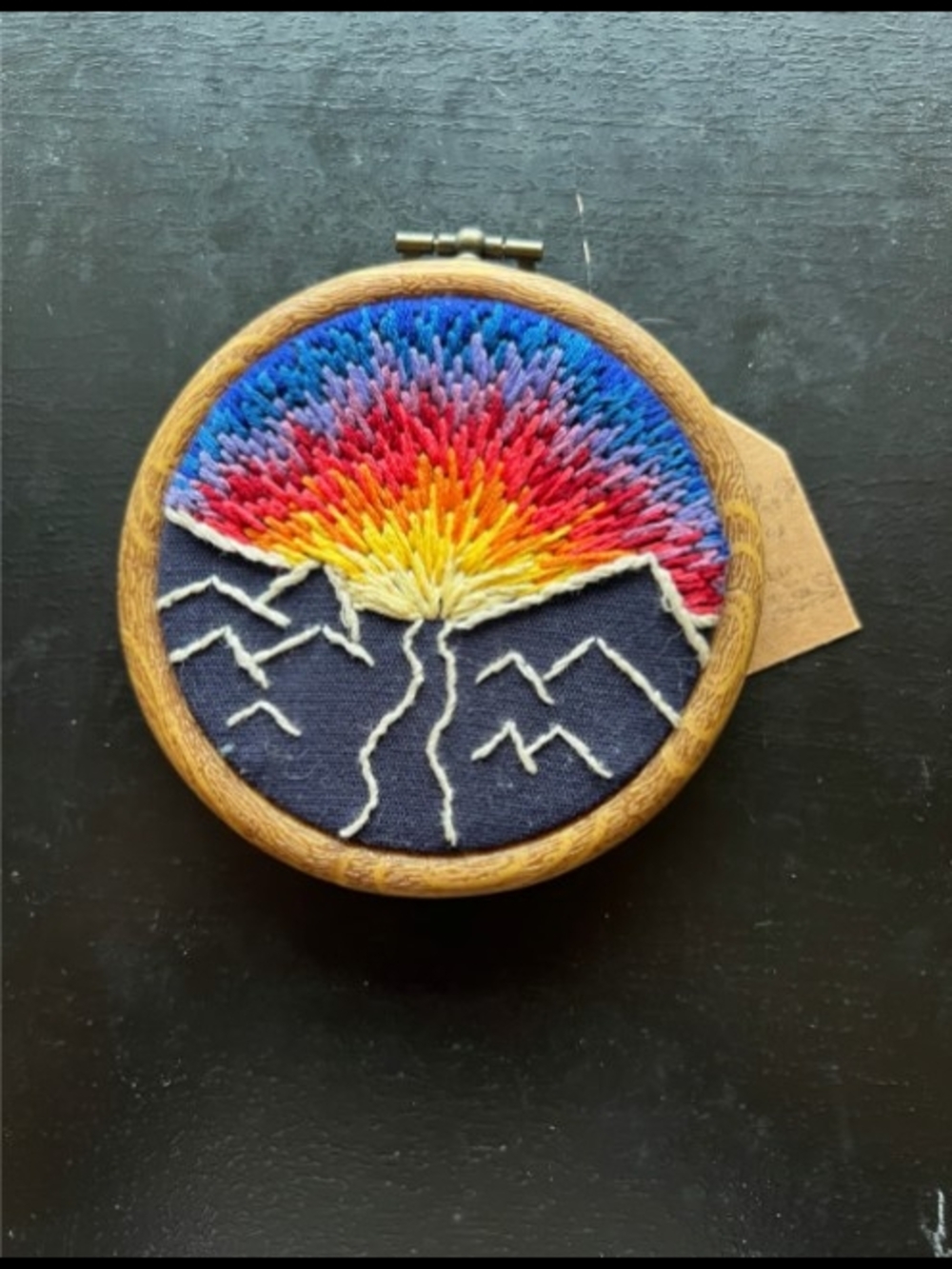 Hand-Embroidered Sunrise Mountain Hoop Art - Multicolor